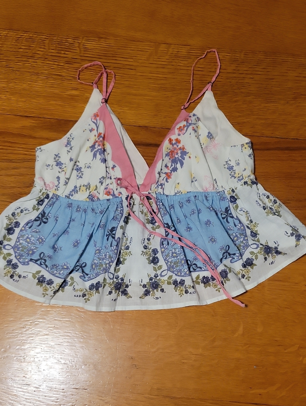 Free People White Floral V-Neck Camisole with Blue Panels and Pink Trim